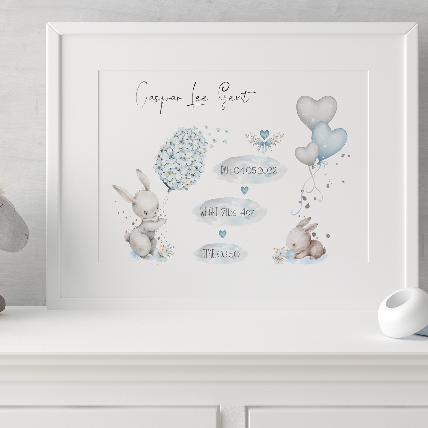 Bunny Baby Stat With Balloons Blue