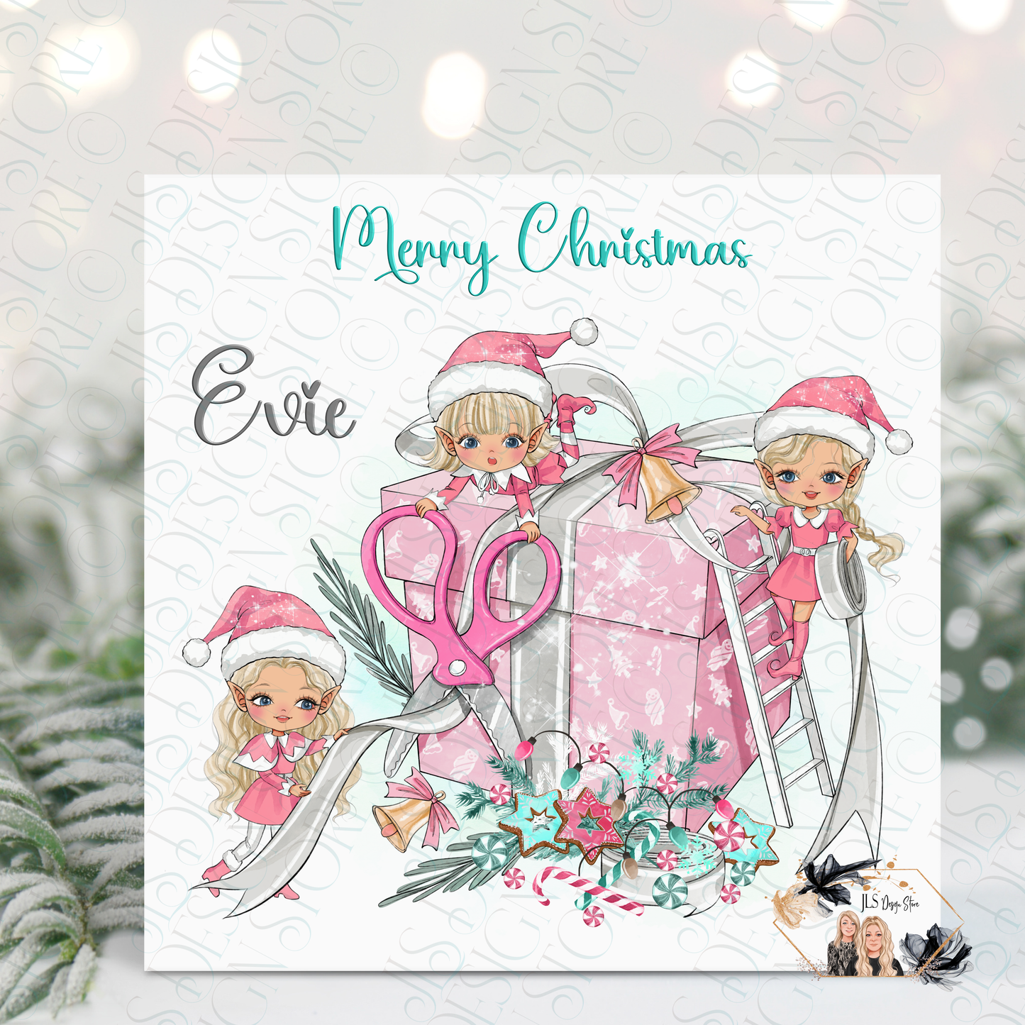 Christmas Elf Wrapping Present Pink and Silver